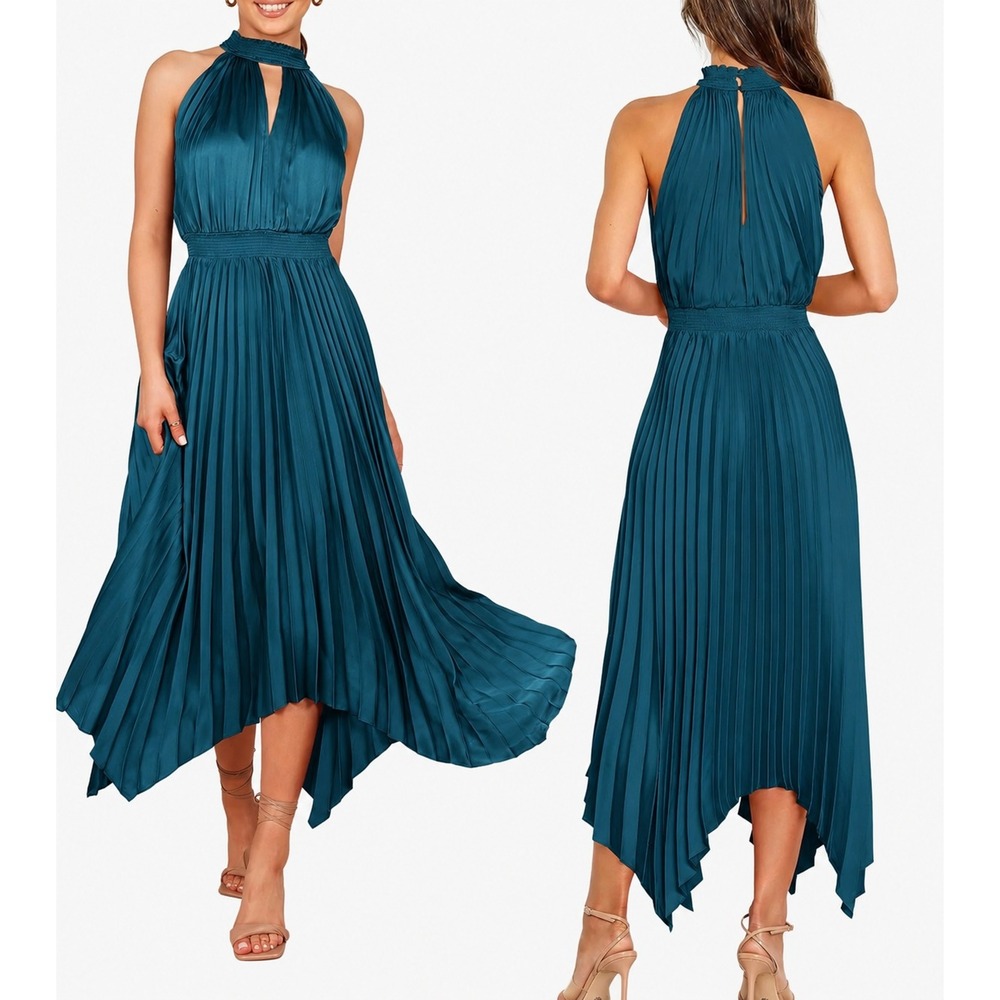 Anrabess Dark Teal Pleated Halter Midi Dress NWT Asymmetrical Hem Size M